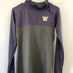 grey and purple partial zip-up sweatshirt